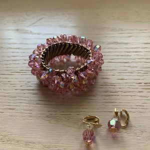 VINTAGE set 50’S BERGERE AURORA BOREALIS CRYSTAL BEAD STRETCH BRACELET Earrings